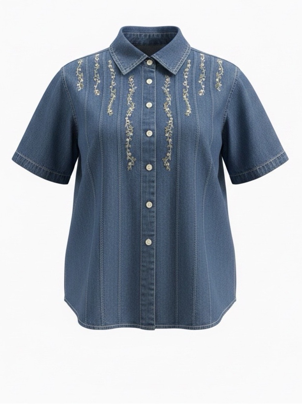Button-Down Embroidered Denim Shirt for Kids - Light Blue